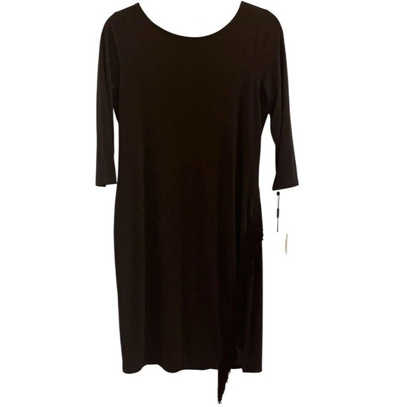 NWT Calvin Klein Black Fringed V Neck 3/4 Sleeve Sheath Dress Size 10 - Picture 2 of 5